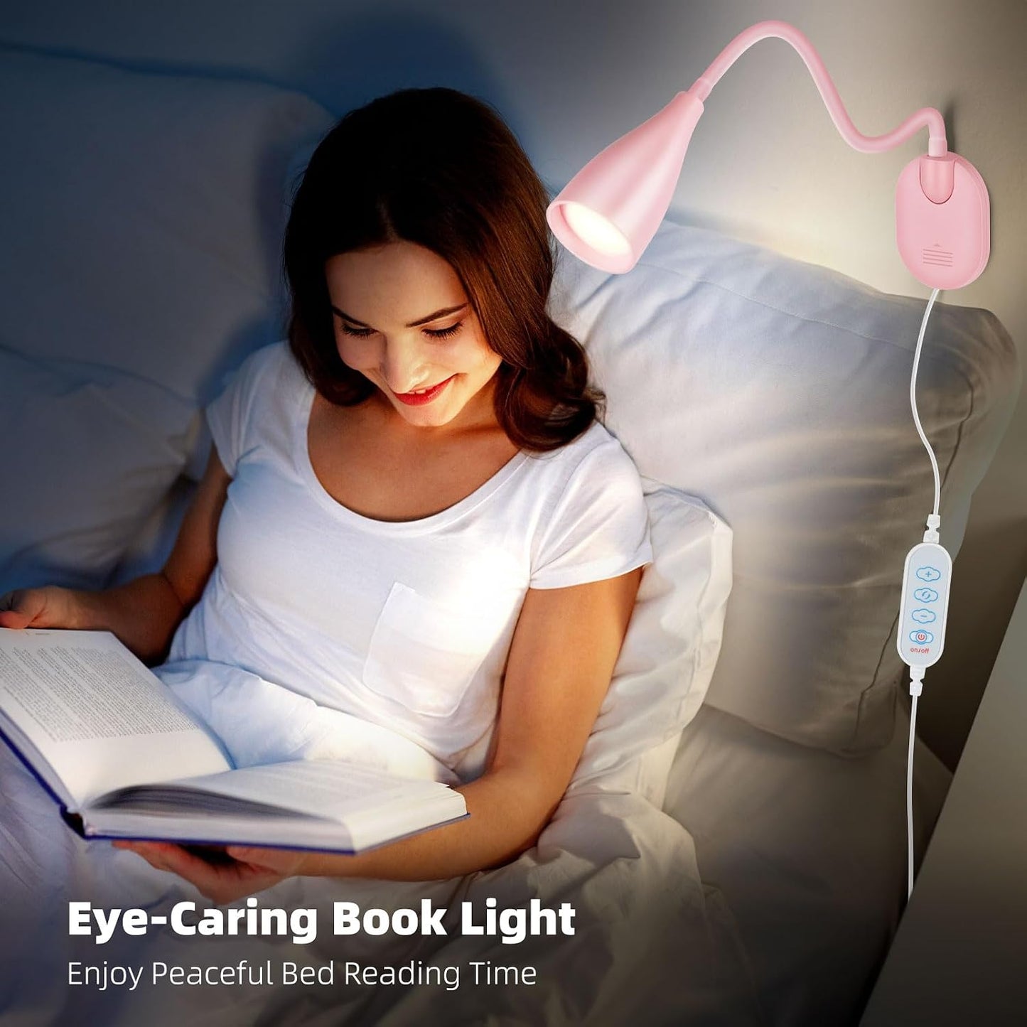 LiFMIRA Wall-Mounted LED Bedside Reading Light with USB Charging Port, 10-Level Dimmable & Adjustable 5 Color, Plug-in Adhesive Night Lamp for Books in Bed, Eye-Caring Bedroom Lighting (White)