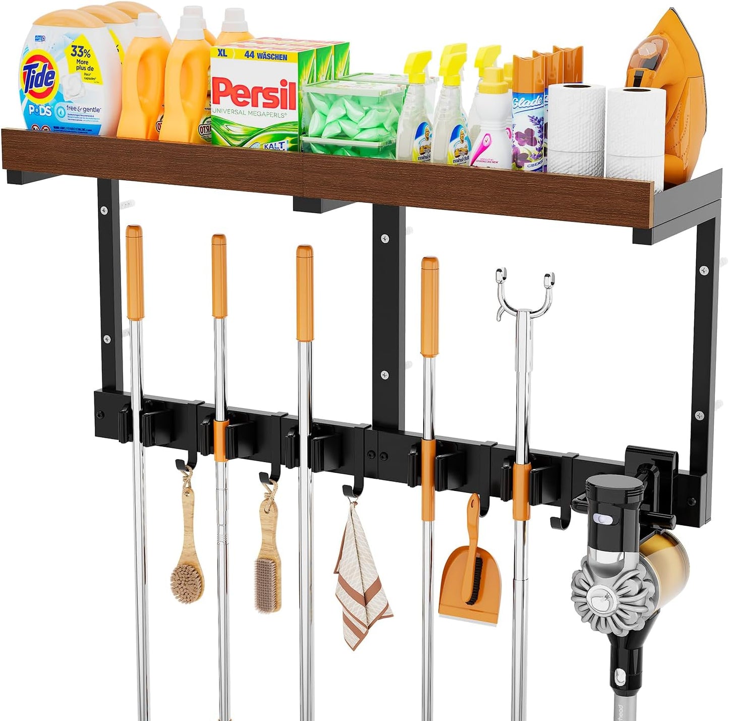 Broom and Mop Organizer Wall Hanging, Broom Hanger Holder Wall Mount | 3-in-1 Mop and Broom Holder Wall Mount with Storage Shelf & Vacuum Organizer,5 Racks,5 Hooks for Garage,Kitchen,Laundry Room