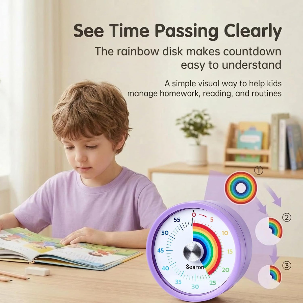 Searon Magnetic Visual Timer, 60‑Minute Rainbow Countdown Dial (Black)