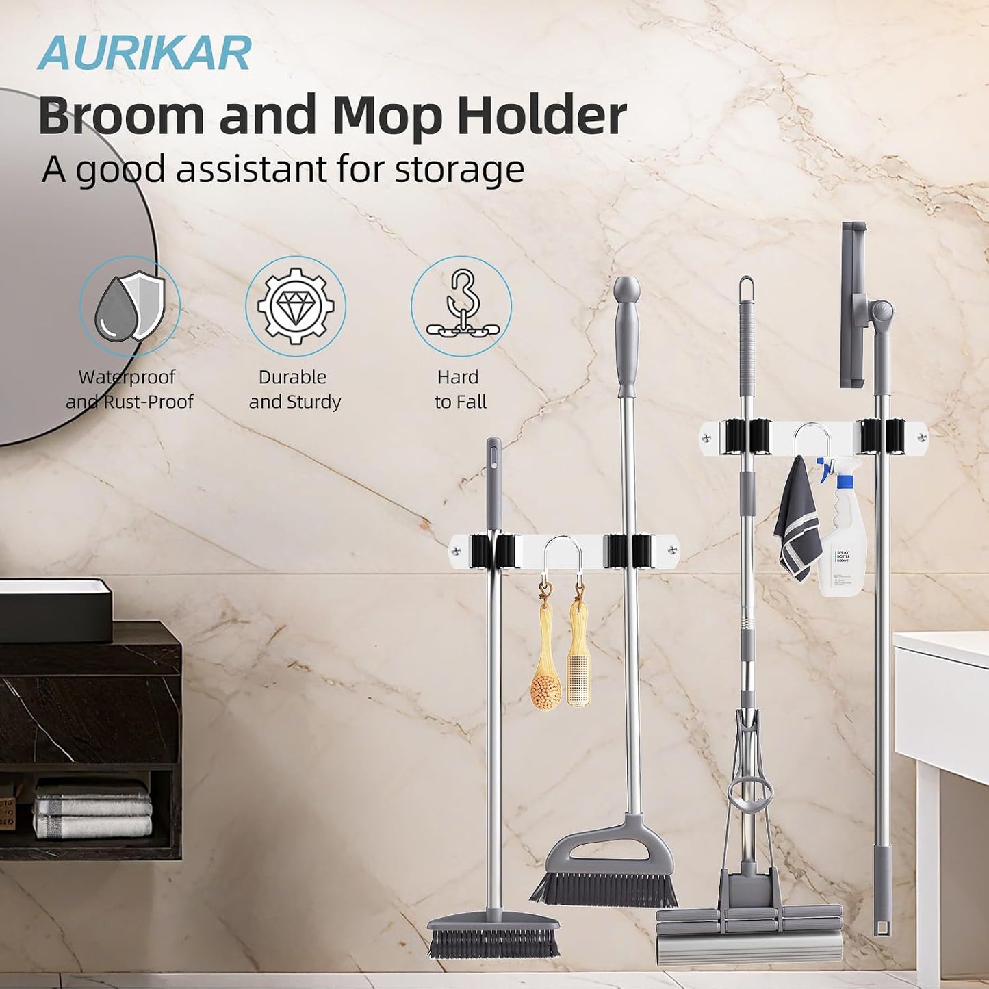 Broom Holder Wall Mount, Stainless Steel Mop and Broom Organizer, Broom Hanger with 2 Slots 2 Hooks for Home Kitchen, Garage, Garden and Laundry Room, Black