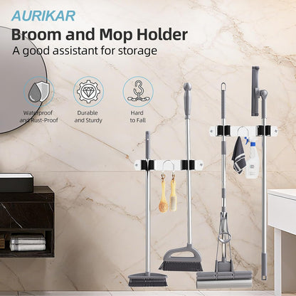 Broom Holder Wall Mount, Stainless Steel Mop and Broom Organizer, Broom Hanger with 2 Slots 2 Hooks for Home Kitchen, Garage, Garden and Laundry Room, Black