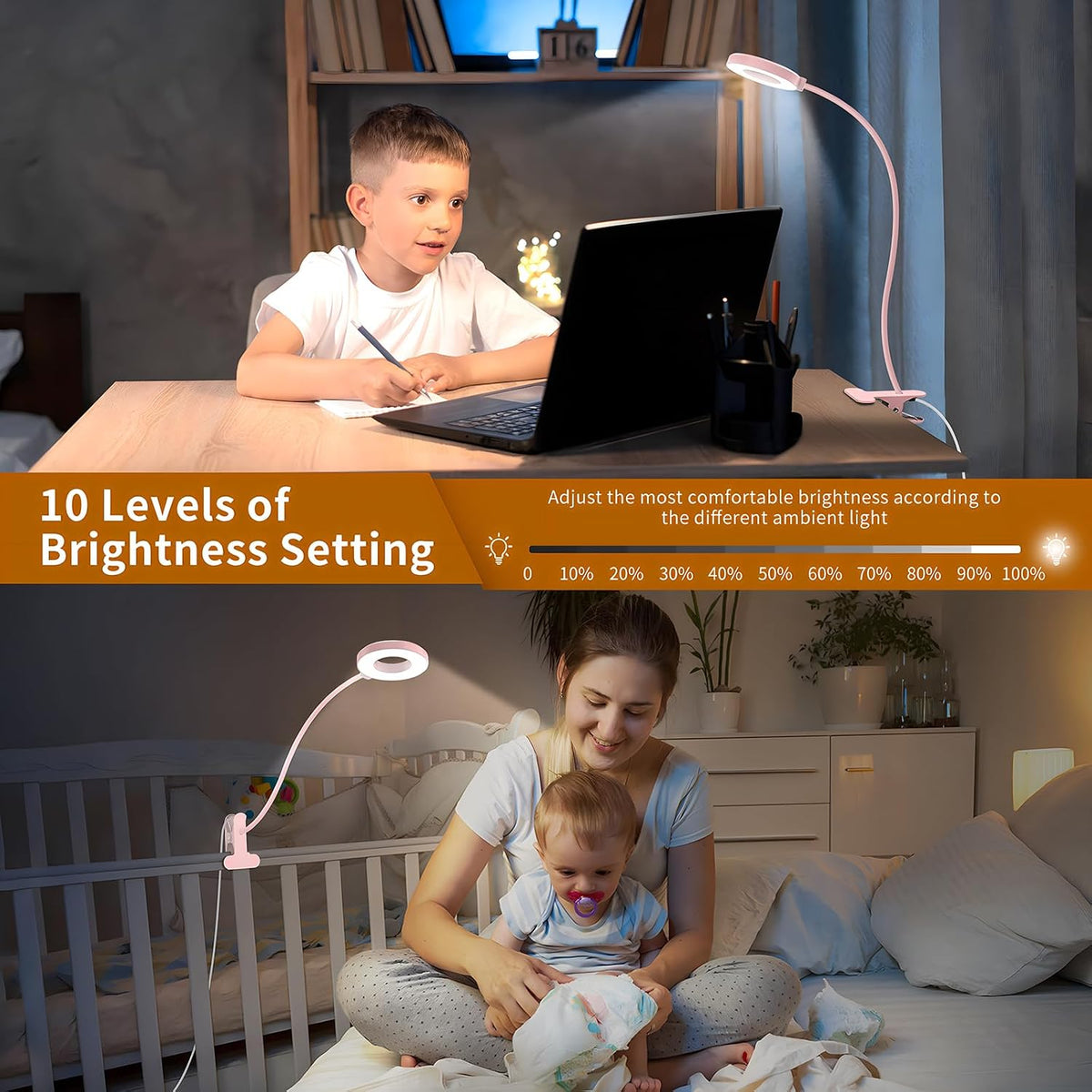 iZELL Desk Lamp, [3 Color Modes & 10 Brightness] LED Reading Light with Clamp, Silicone Flexible Arm Book Light for Kids Reading Book in Bed at Night Clip on Table, Headboard, Dorm - 15.8‘’ Black