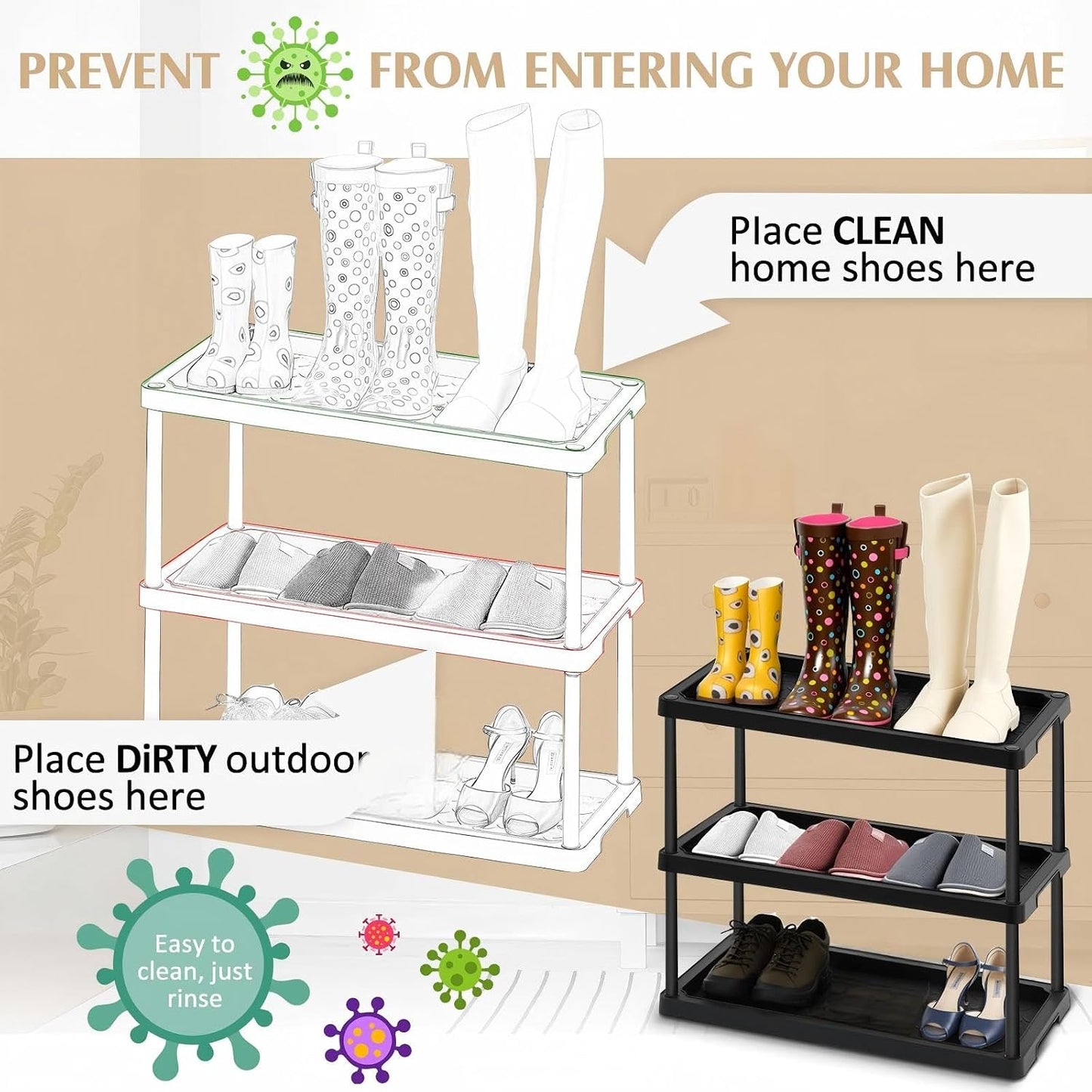 Cinnvoice Boot Tray Rack for Entryway Plastic Waterproof Shoe Mat Tray Large Storage Shelf for Indoor Outdoor Entryway Hallway Closet Use in All Seasons Black(28" d X 14.5" w X 14.5" h)