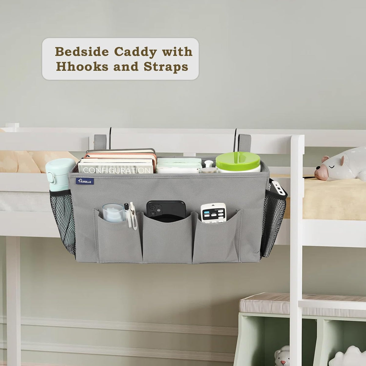 Surblue Bedside Organizer with Hook Bedside Caddy Hanging Storage Bag with Adjustable Straps and Water Bottle Holder for Home College Dorm Bunk Bed Accessories, Crib Bed Rails, Hospital Bed, Black