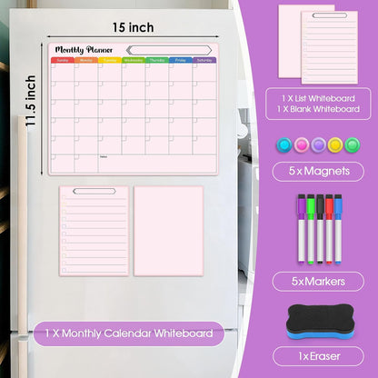 MaxGear 4 Pack Magnetic Dry Erase Board Calendar for Fridge, 15" x 11.5" | Strong Magnetic, Easy to Write and Clean, Dry Erase and No Stains, Includes List, Small Board, 5 Markers,5 Magnets,1 Eraser