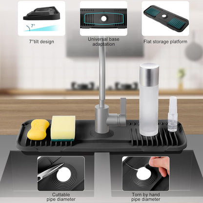 Silicone Faucet Mat, EK-Memory-fish Kitchen Faucet Mat Silicone Faucet Drip Catcher with Cuttable Circular Central for Kitchen Sink, Tailor-Made for Faucets with Deck Plate (Black)