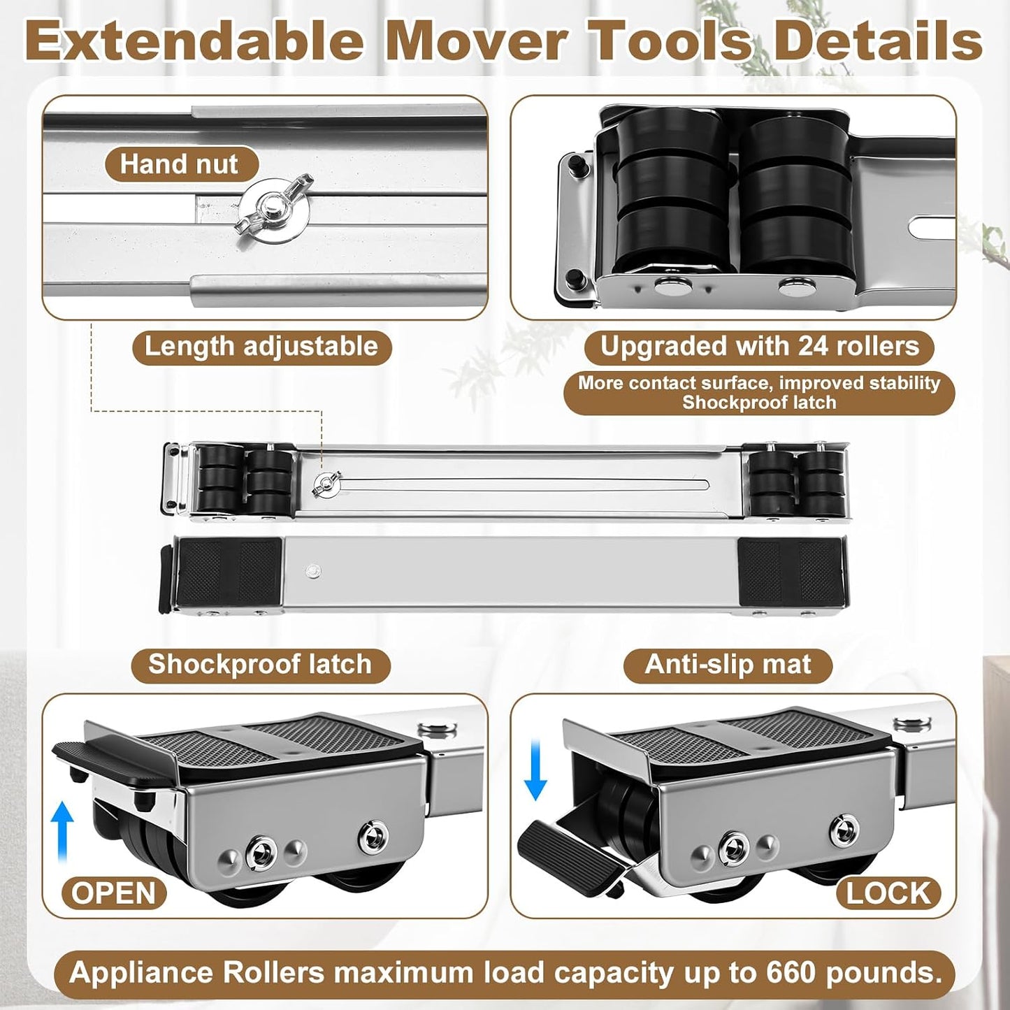 Zonon 2 Sets Appliance Rollers with Furniture Lifter, Heavy Duty Extendable Sliders with 24 Roller Brakes, Holds Up to 660 lb for Washers Dryers, Furniture Moving Tools(Silver,18 to 28 Inches)