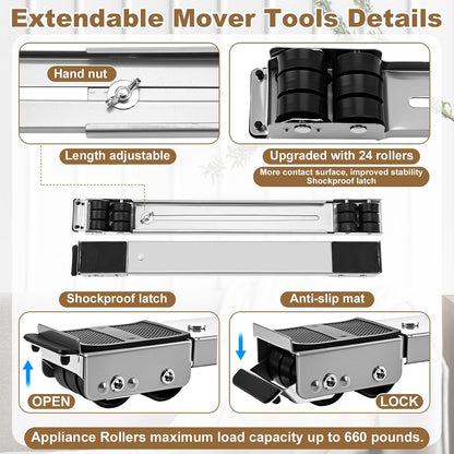Zonon 2 Sets Appliance Rollers with Furniture Lifter, Heavy Duty Extendable Sliders with 24 Roller Brakes, Holds Up to 660 lb for Washers Dryers, Furniture Moving Tools(Silver,18 to 28 Inches)