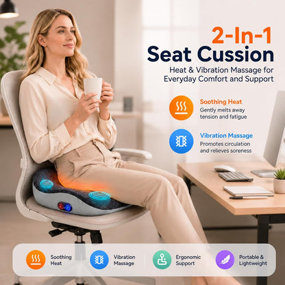 2-in-1 Rechargeable Heated Seat Cushion with Vibration Massager | Cordless Office Chair Cushion with 3 Heat Levels & 3 Vibration Modes, Ergonomic Tailbone Support for Desk Chair, Car, Home
