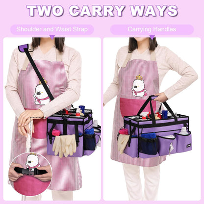 Extra Large Cleaning Caddy Bag with Built-In Support Board, Cleaning Tote Organizer with Removable Divider, Supply Carryall with Adjustable Shoulder Strap and Waist Belt for Cleaners & Housekeeper