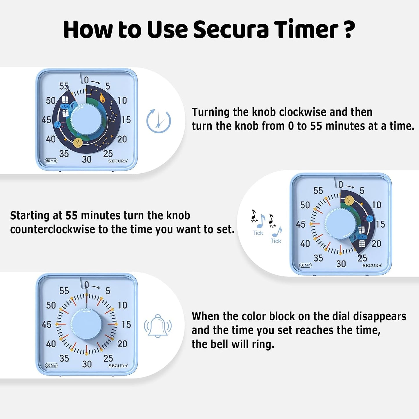 Secura 7.5-Inch Rocket Pattern Visual Timer for Kids, 60-Minute Countdown Timer for Classroom or Kitchen, Durable Mechanical Timer Clock with Magnetic Backing (Blue)