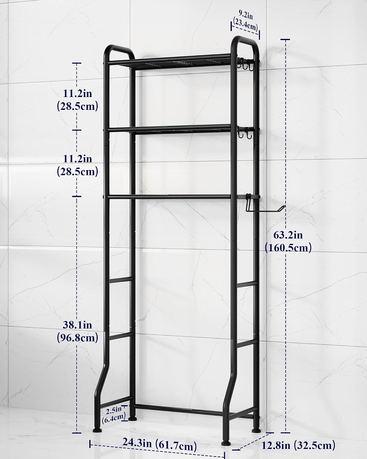 Kitsure Over Toilet Storage Rack, 63.2" H Space-Saving, Holder & Hooks | Bathroom, Laundry Room, Small Spaces, Families, Durable Metal, Black, 3 Tier