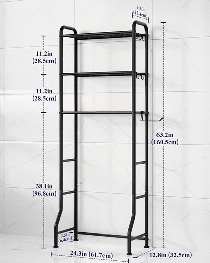 Kitsure Over Toilet Storage Rack, 63.2" H Space-Saving, Holder & Hooks | Bathroom, Laundry Room, Small Spaces, Families, Durable Metal, Black, 3 Tier