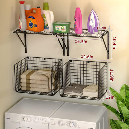 3IngSeagulls 2 Pack Laundry Room Shelves, Wire Baskets with 8 Hooks, Over Washer and Dryer Shelf, Wall Mounted Storage and Clothes Drying Rack, Black