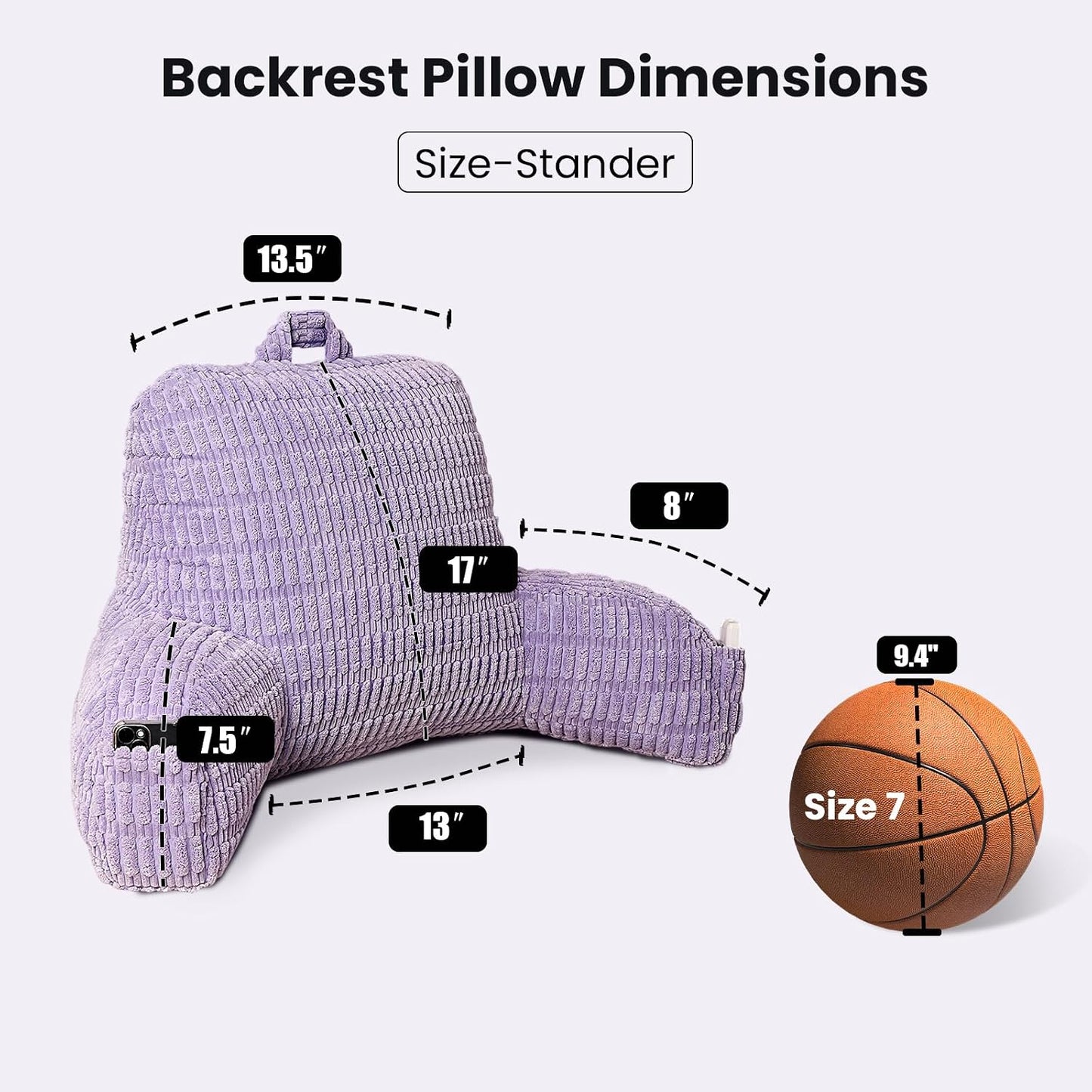 Reading Pillow with Arms for Sitting in Bed,Backrest,White Flannel,M | 17" Backrest Supports Back for College Students,Elbows & Forearms for Dorm Reading,Gaming,Watching TV