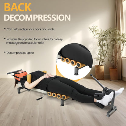 Lumbar Decompression Table with Cervical Traction, Height & Length Adjustable Back Stretcher Machine with Foam Rollers, 330lbs Capacity Spine Stretcher for Pain Relief & Spinal Alignment