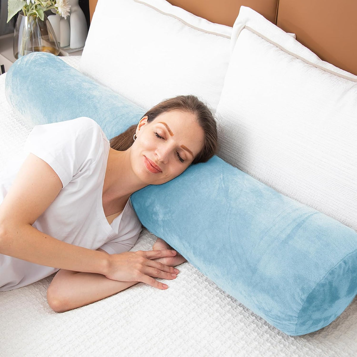 1 MIDDLE ONE Body Pillow for Adults, Bolster Pillow with Removable Velvet Cover, Long Round Cervical Roll Pillow, 35 x 7.87 Inches, Blue