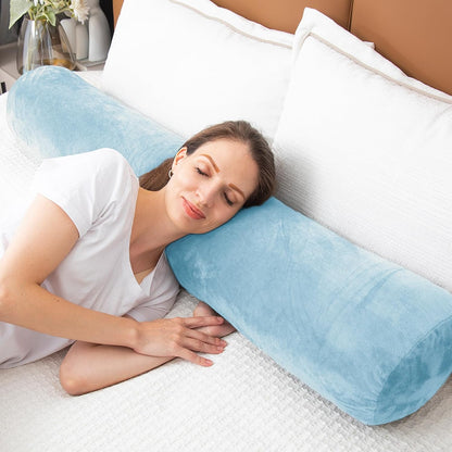 1 MIDDLE ONE Body Pillow for Adults, Bolster Pillow with Removable Velvet Cover, Long Round Cervical Roll Pillow, 35 x 7.87 Inches, Blue