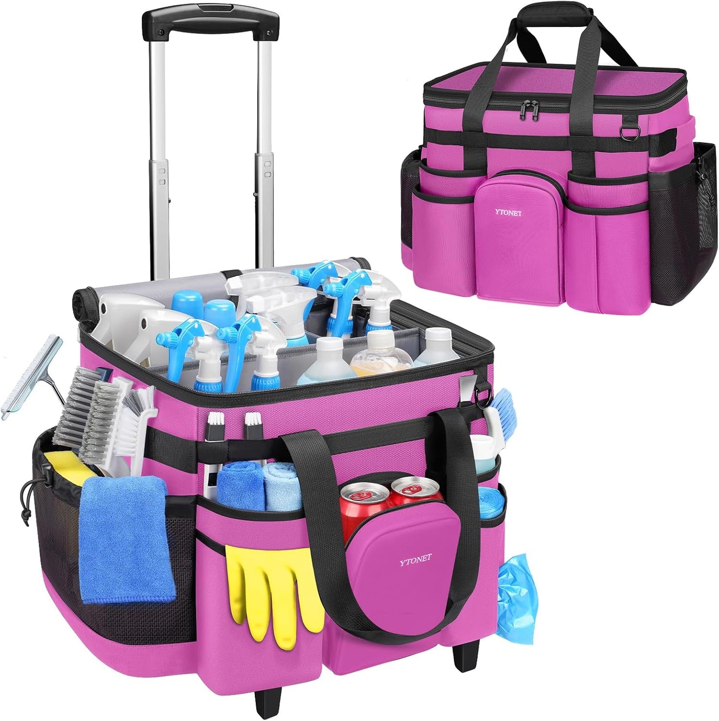 Ytonet Cleaning Caddy with Wheels, Extra Large Rolling Cleaning Caddy Bag | with Detachable Trolley for Housekeepers, Water Resistant Cleaner Supplies Organizer with Wheels for Kitchen, Tool Organizer