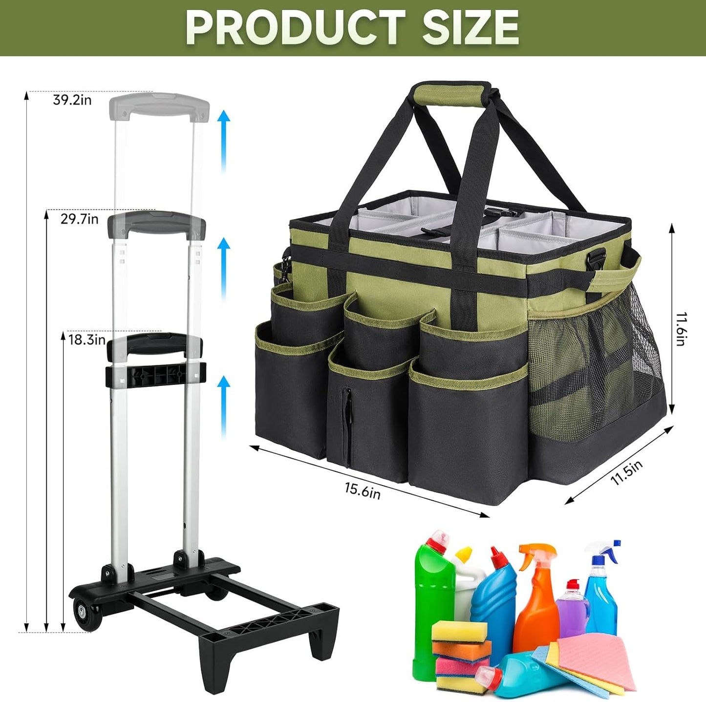 Large Rolling Cleaning Caddy Bag with Detachable Trolley,Cleaning Cart on Wheels with Shoulder Strap,Cleaning Supplies Organizer for Housekeepers,Purple
