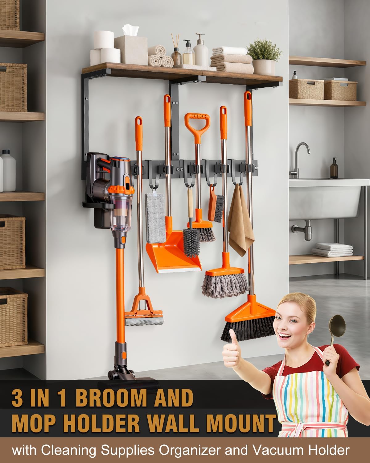 Large Broom Holder Wall Mount with Shelf, Vacuum Organizer, 5 Slots 5 Hooks | Black, 3-In-1 Wall Mount Stores Brooms/Mops/Vacuum, Cleaning Supplies With 5 Grippers/5 Hooks And A Sturdy Wooden Top Shelf