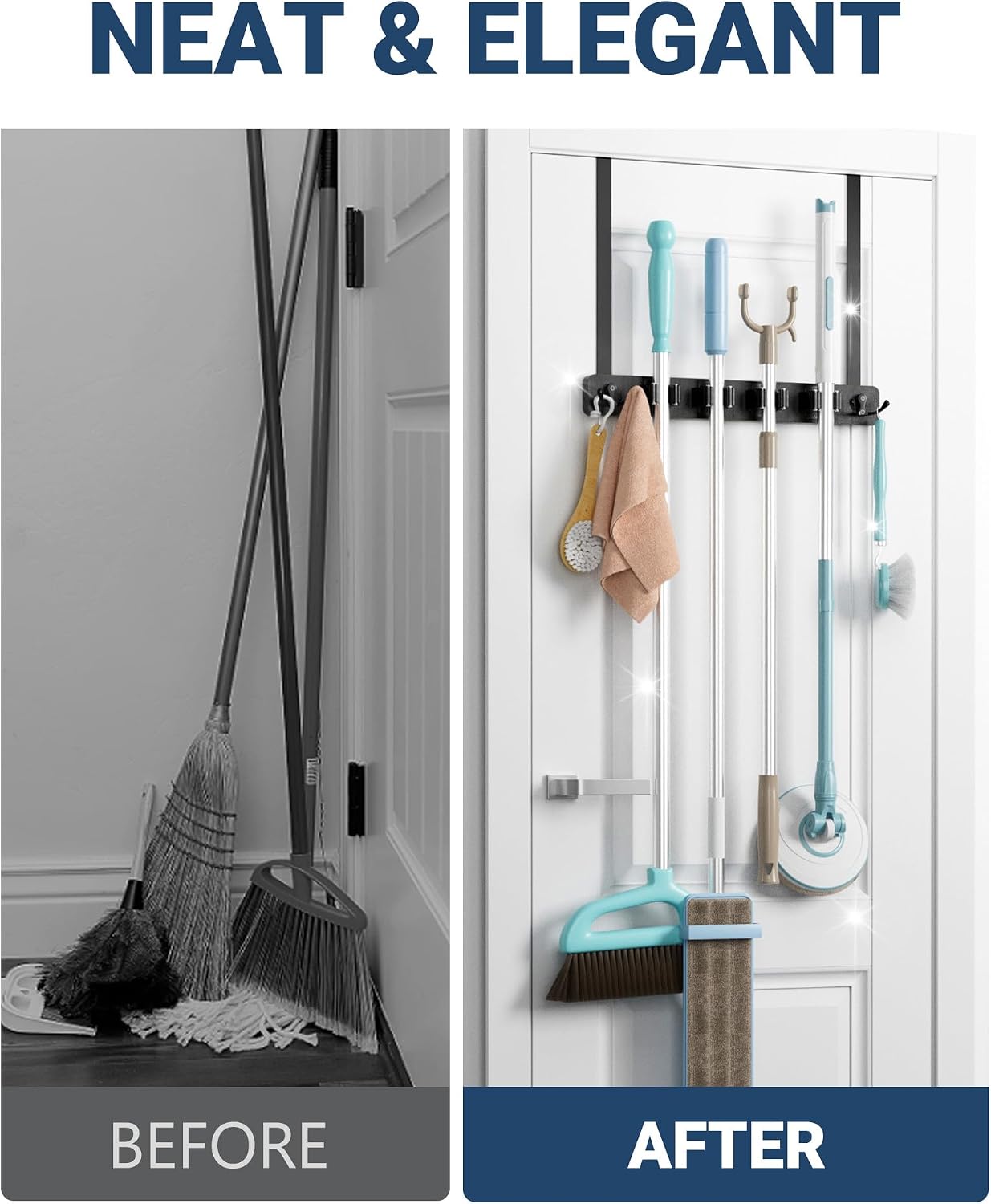Lorbro Broom Holder Door Mount, Wood Over the Door Broom and Mop Holder | 4 Slots 4 Hooks, No Drill Setup, EVA Protection Pads, Secure Grip, Laundry Garage Closet Kitchen Use, White