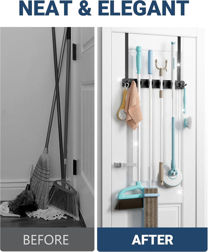 Lorbro Broom Holder Door Mount, Wood Over the Door Broom and Mop Holder | 4 Slots 4 Hooks, No Drill Setup, EVA Protection Pads, Secure Grip, Laundry Garage Closet Kitchen Use, White