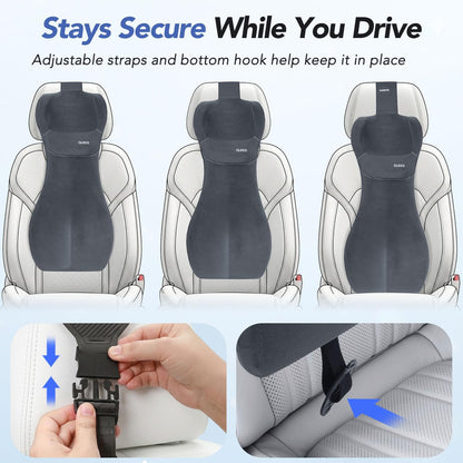 Lumbar Support Pillow for Car with Headrest, Memory Foam Cushion for Back & Neck Support, Muscle Fatigue Relief, Full-Length S-Curve Support for Long Drives, Fits Cars, SUVs, Trucks