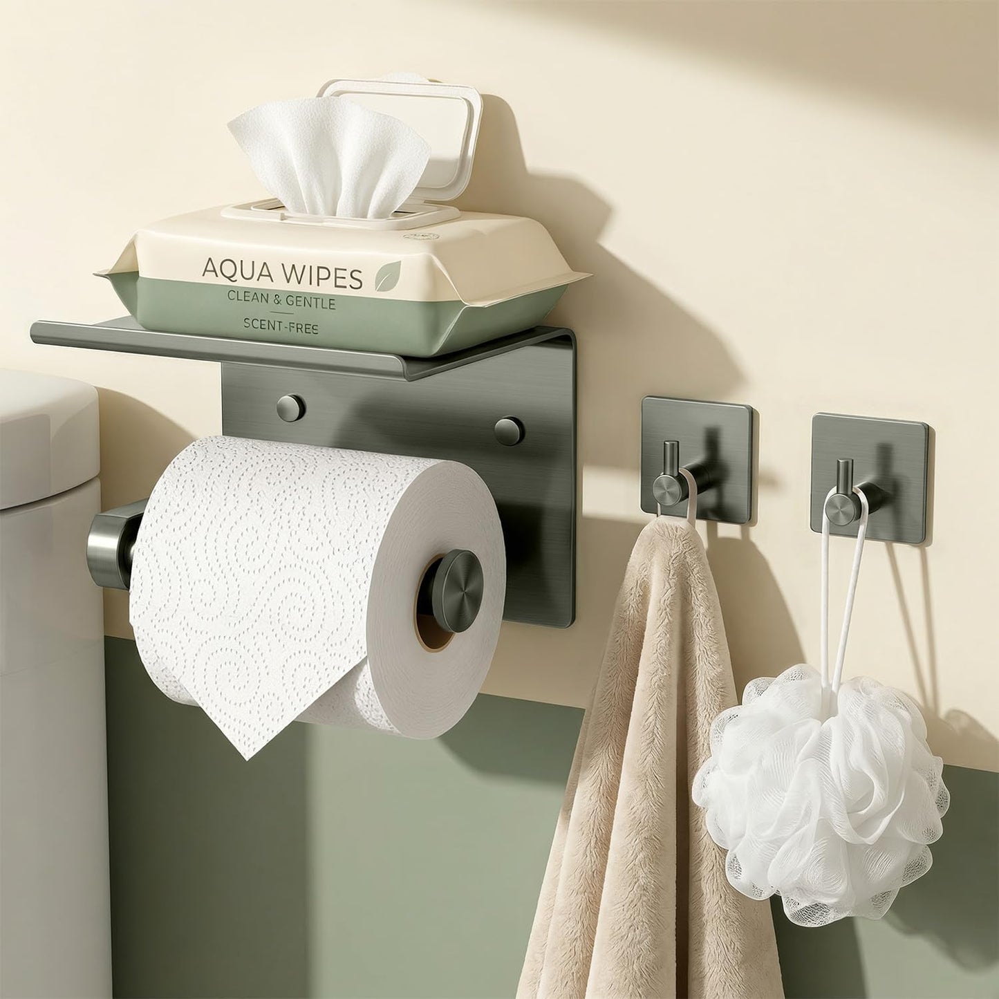 Tindbea Toilet Paper Holder Wall Mount + Towel Robe Hooks, Adhesive or Screw Wall Mounted Toilet Paper Roll Holder with Shelf, Stainless Steel Bathroom Organizers and Storage Kit (Brushed Gold)