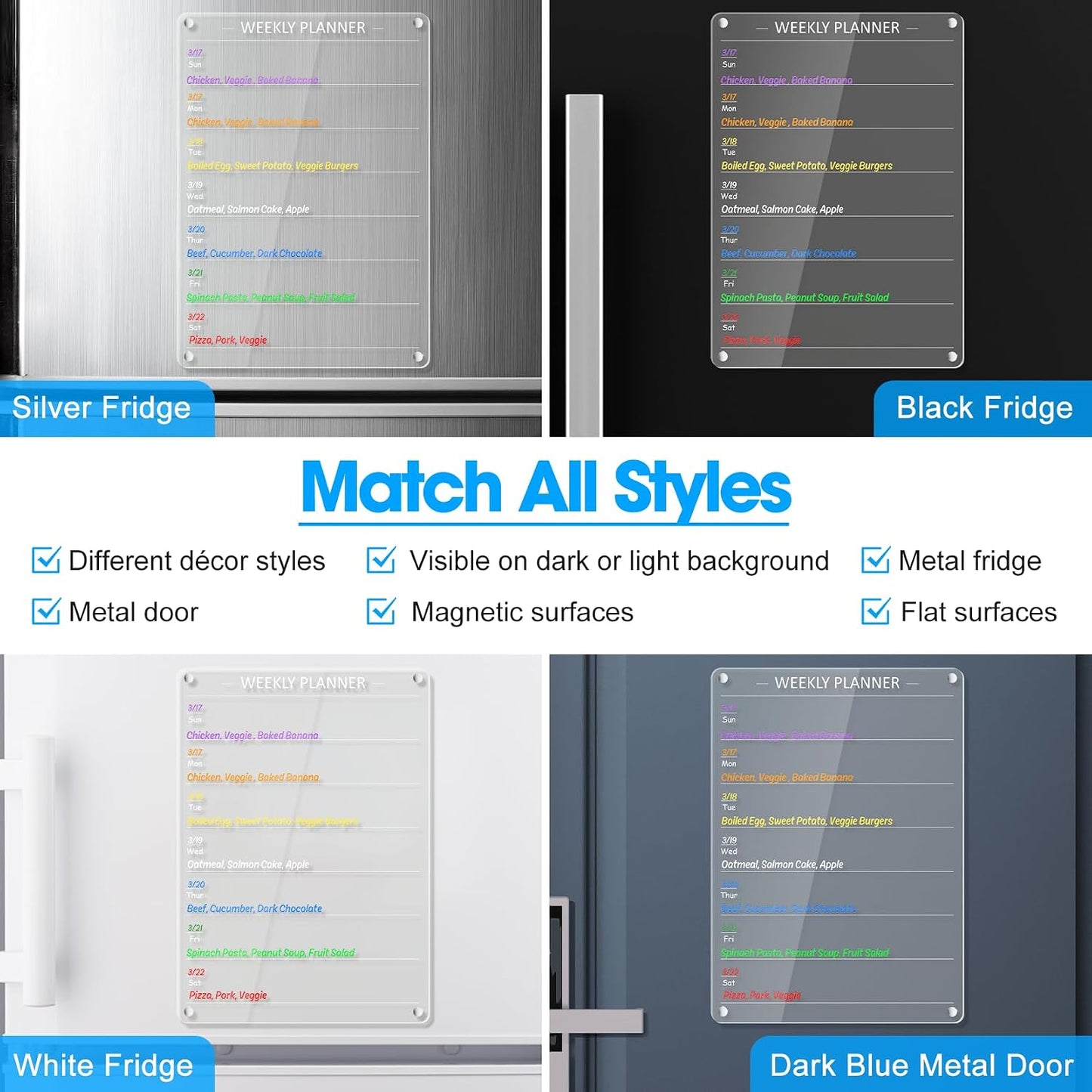 Acrylic Meal Planner Weekly Calendar Menu Board for Kitchen, w/ 8 Markers | Clear Weekly Fridge Calendar Planning Note Board Dry Erase to Do/Grocery/Shopping List/Chore Chart, 12.8x9’’