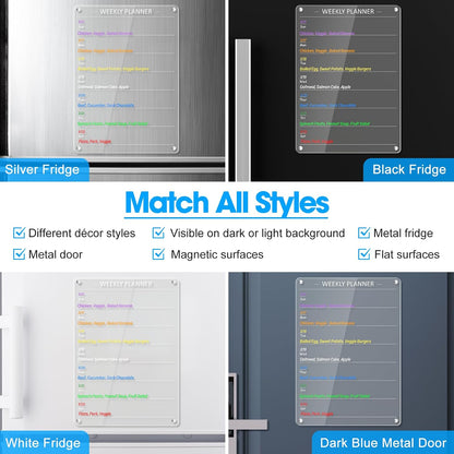 Acrylic Meal Planner Weekly Calendar Menu Board for Kitchen, w/ 8 Markers | Clear Weekly Fridge Calendar Planning Note Board Dry Erase to Do/Grocery/Shopping List/Chore Chart, 12.8x9’’