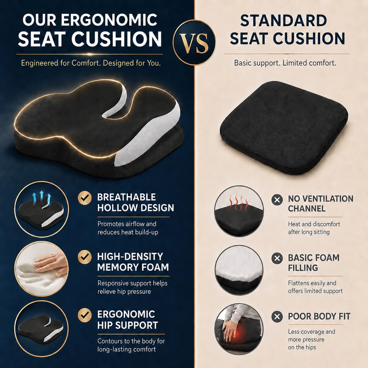 Memory Foam Ergonomic Seat Cushion for Office Chairs Pain Relief | Suitable for prolonged sitting, relieves tailbone pain, fits office chairs, wheelchairs, car seats and computer desk chairs