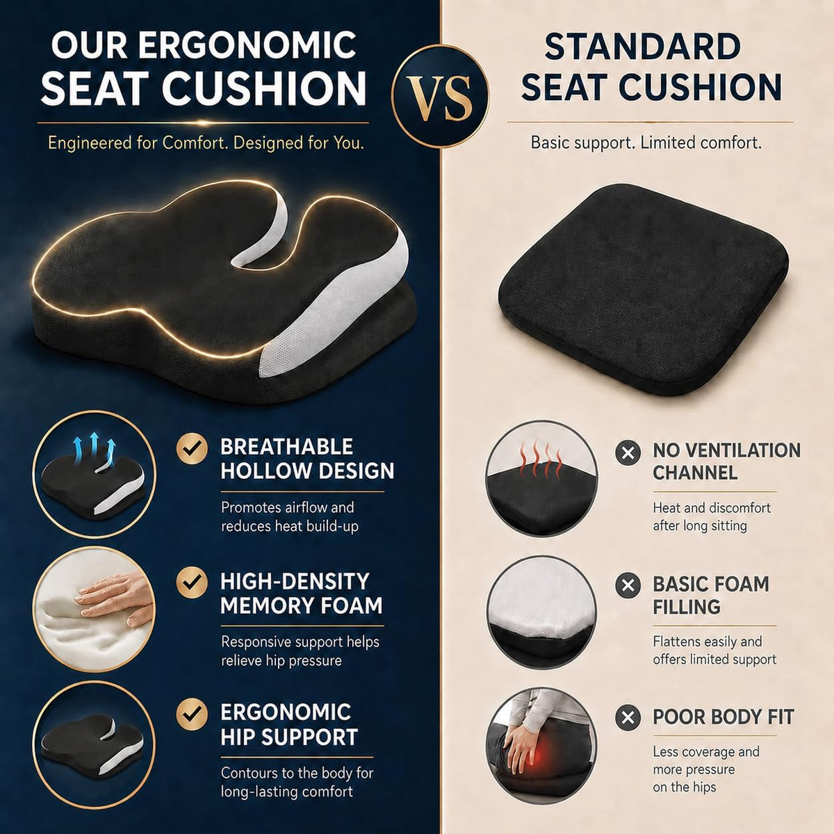 Memory Foam Ergonomic Seat Cushion for Office Chairs Pain Relief