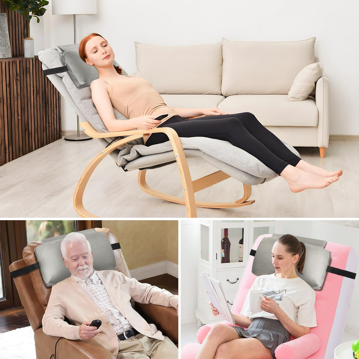 Head Recliner Pillow Adjustable Shredded Memory Foam Headrest Pillows for Recliner Chairs,Non-Slip Velvet Cushion for Pain Relief Neck Support Pillow for Travel Home Sofa Armchair with Zipper Cover