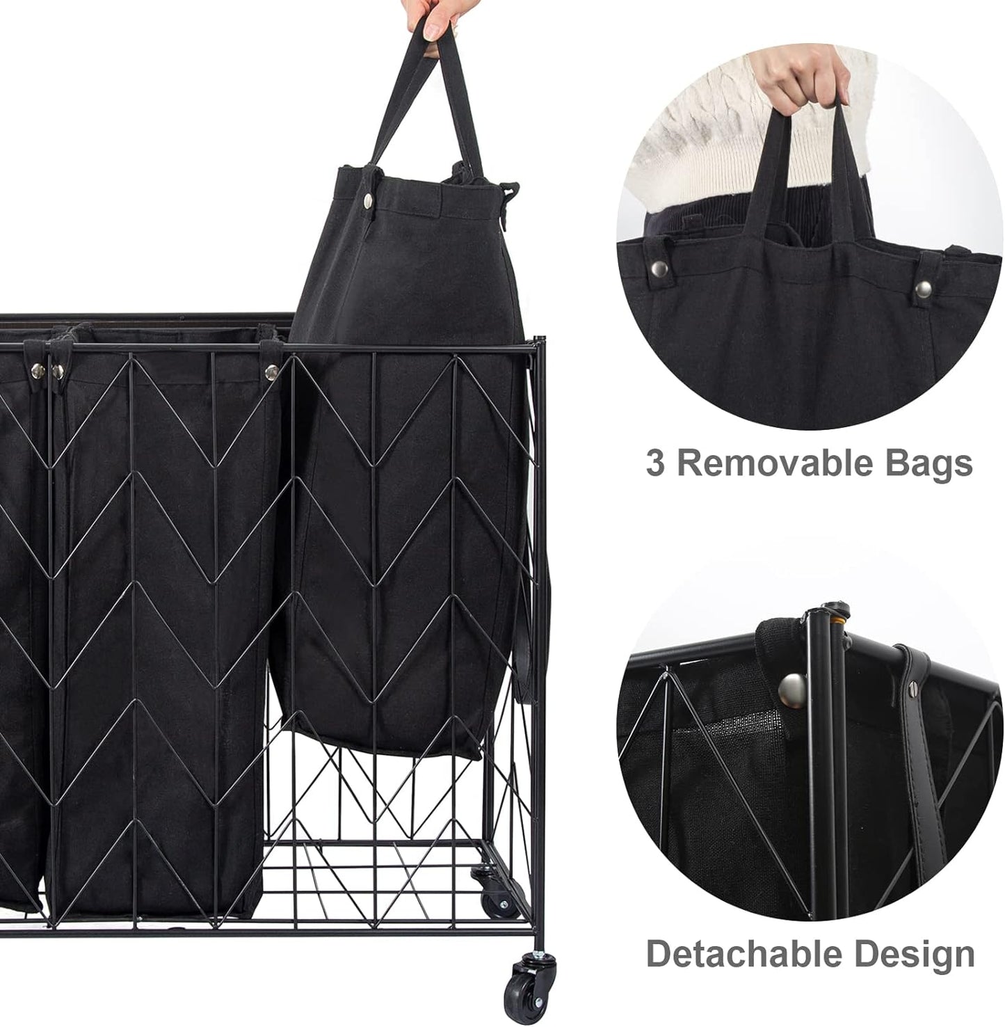 WOWLIVE Laundry Hamper 3 Section with Lid, 142L Laundry Basket with Wheels | Rolling Dirty Clothes Hamper with Removable Bags, Large Iron-Made Laundry Basket Organizer Laundry Sorter for Dorm, Beige