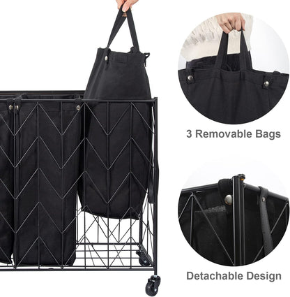 WOWLIVE Laundry Hamper 3 Section with Lid, 142L Laundry Basket with Wheels | Rolling Dirty Clothes Hamper with Removable Bags, Large Iron-Made Laundry Basket Organizer Laundry Sorter for Dorm, Beige
