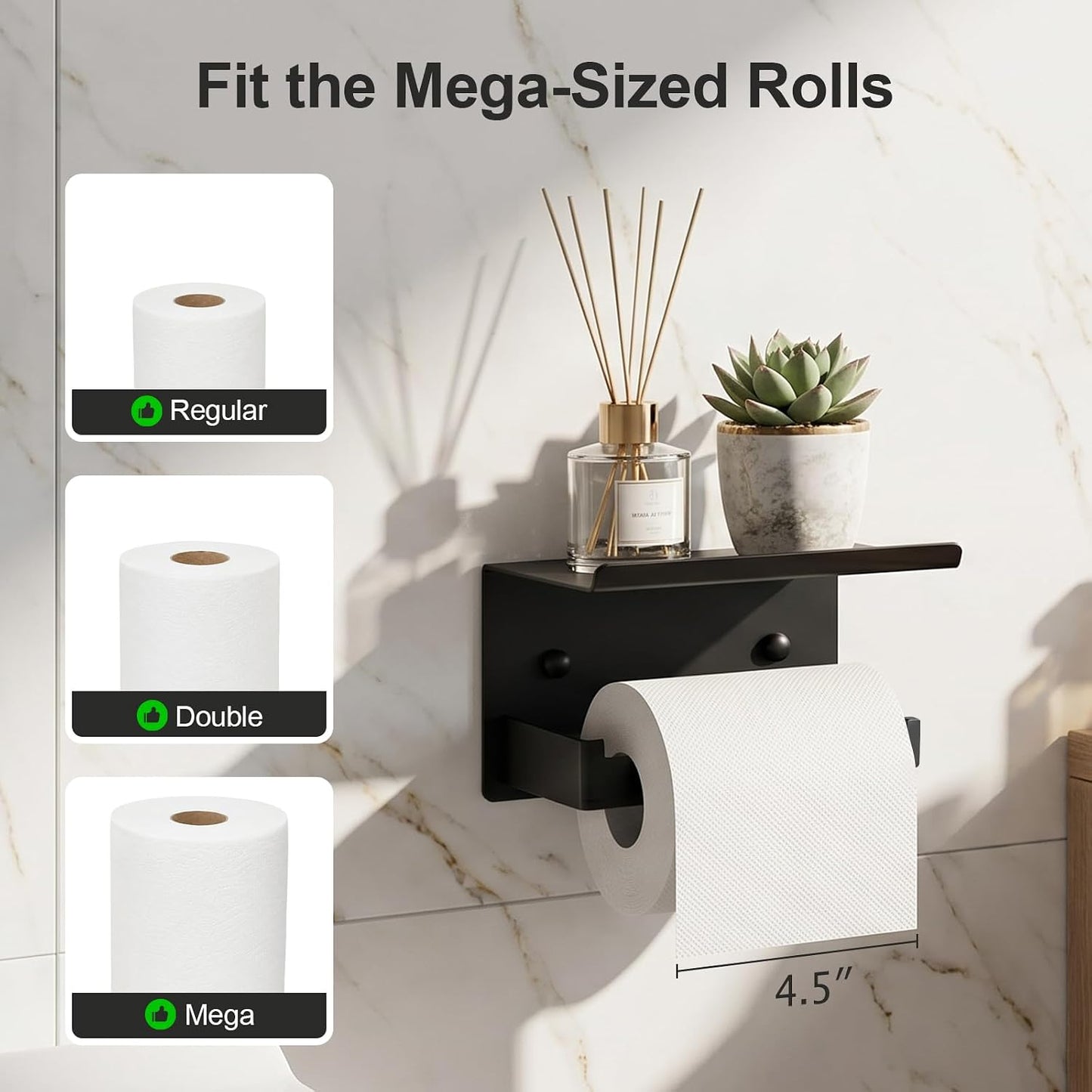 Matte Black Toilet Paper Holder with Shelf | No-Drill Adhesive Wall Mount, Rustproof，For Bathroom, Washroom, RV, Kitchen, Washroom, Convenient Storage Shelf