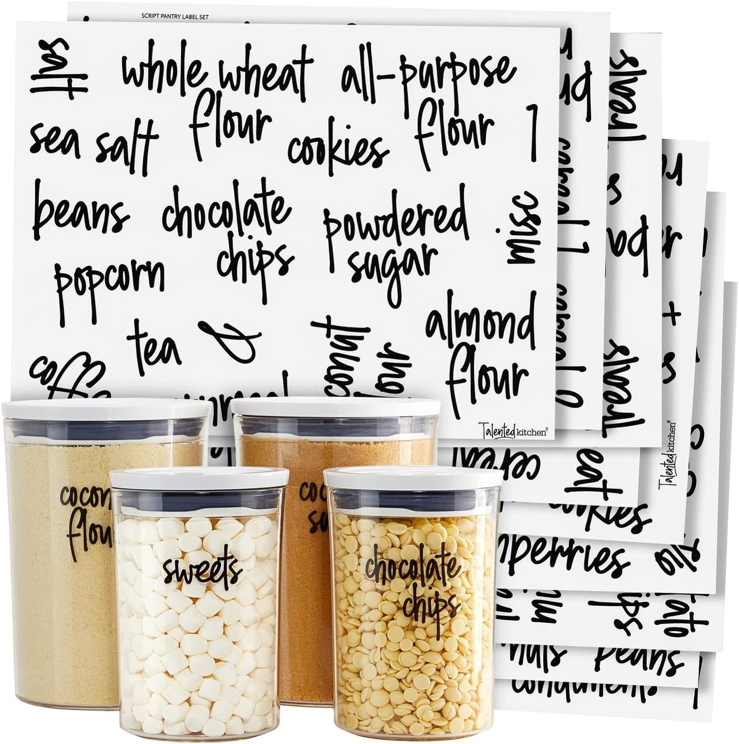 Talented Kitchen Pantry Labels for Food Containers - 157-Piece, Black Script Vinyl - Jar & Bin Labels & Food Storage Organization Stickers