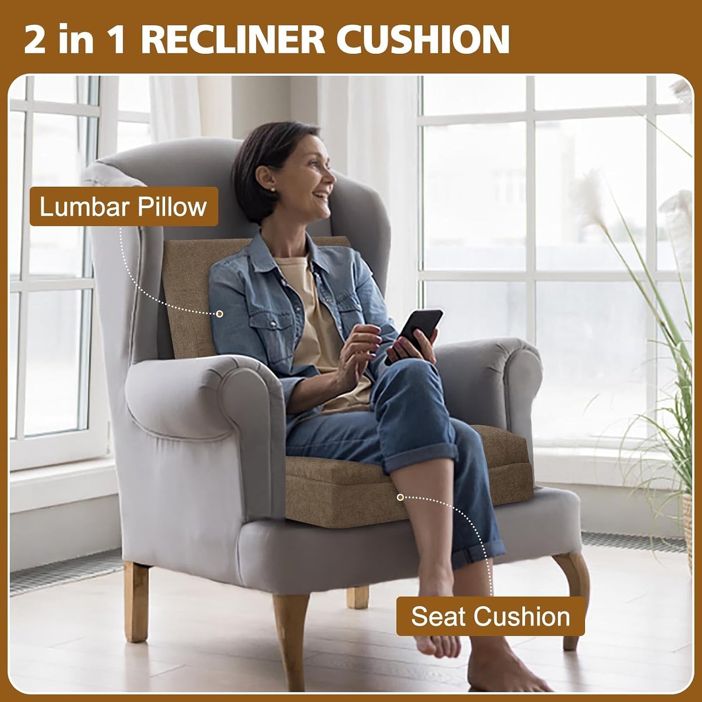 Recliner Cushion for Elderly with Lumbar Support Pillow - 20x20x5 Inch Extra Thick Recliner Seat Cushion for Seniors Relief Back Pain and Tailbone Pain from Long Sitting Non-Slip Bottom