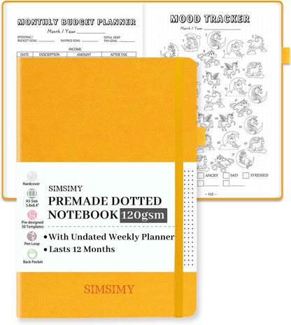Premade Dotted Journal Notebook with Bullet Templates, Pre-made Dot Grid Journaling with Undated Weekly & Monthly Planner, Various Trackers - 12 Month Organization, A5 Hardcover