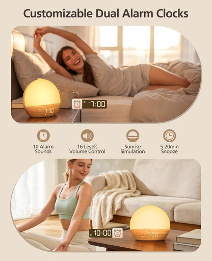 Wood Grain White Noise Sound Machine Sunrise Alarm Clock with 30 Soothing Sounds, 17 Night Lights, Bluetooth Speaker Wake Up Light Alarm Clocks for bedrooms, Heavy Sleepers, Baby, Kids