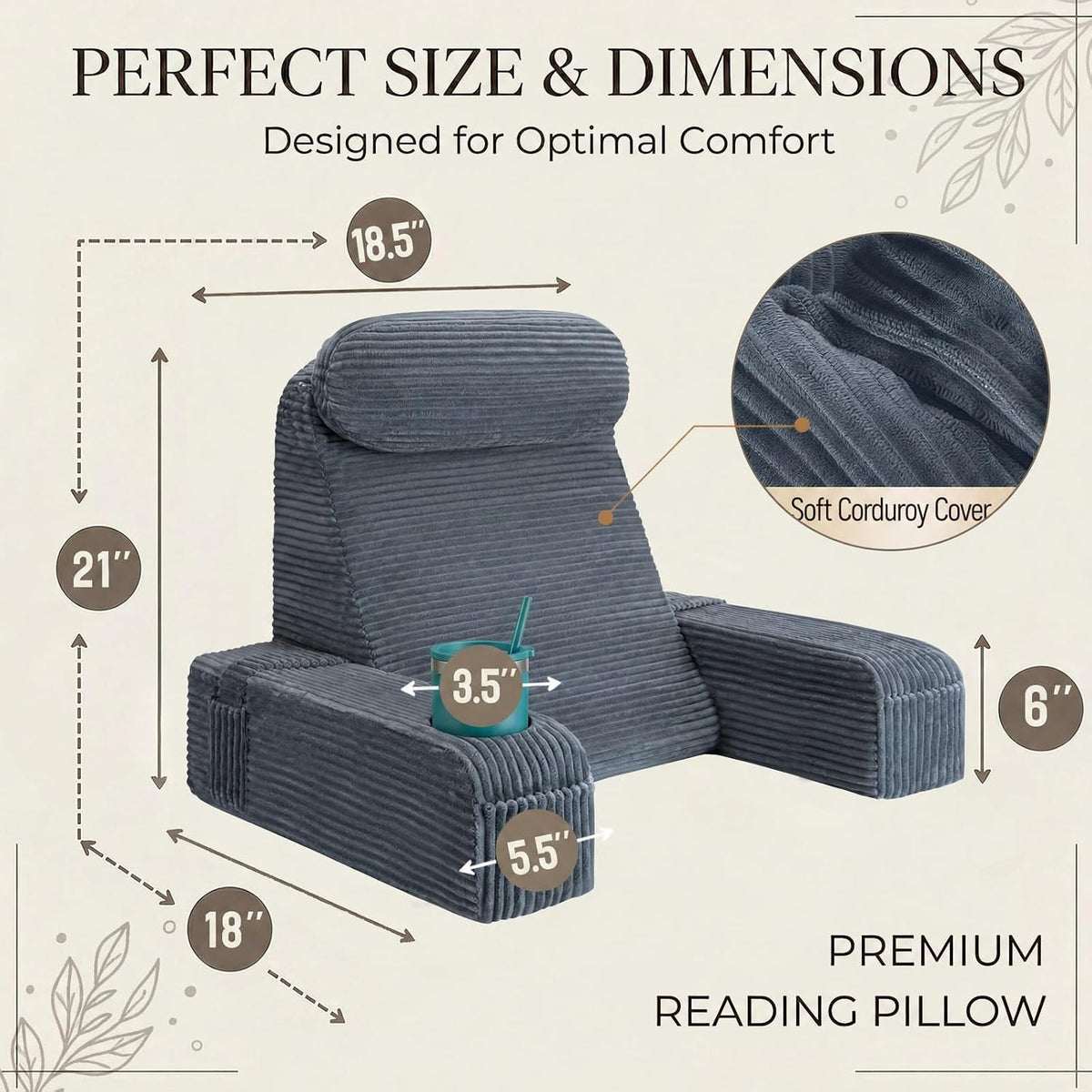 21 INCH Reading Pillow for Adults, Back Pillow for Bed Sitting Up, Backrest Pillow for Sitting in Bed, Detachable Arms with Built-in Cup & Phone Caddy (Gray, 21 INCH)