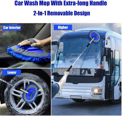 62" Car Wash Brush Mop Kit with Long Handle, 2 in 1 Chenille Microfiber Sponge Mitt Cleaning Detailing Duster for Washing Cars Truck SUV RV Caravans and Household(2 x Mop Head) (Blue)