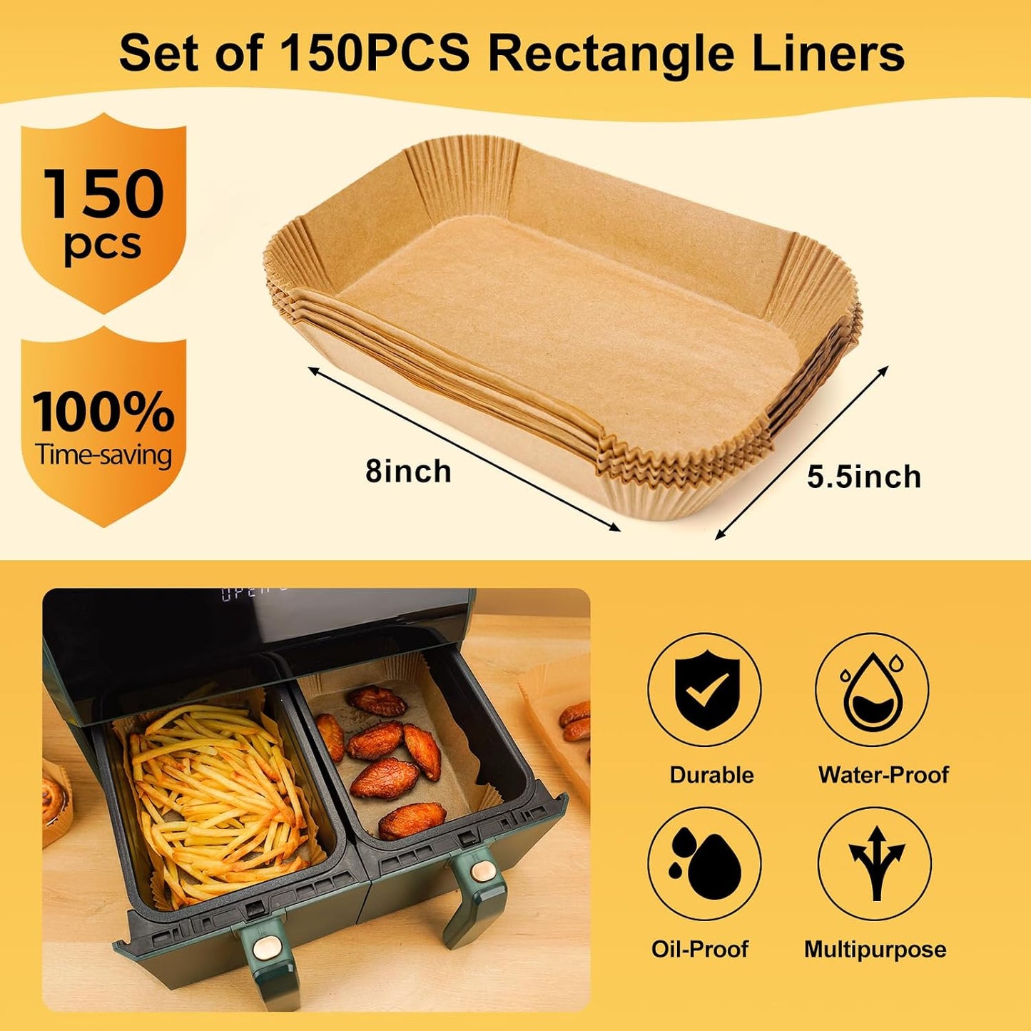 Air Fryer Liners Disposable, 150Pcs Parchment Paper 8" Square for 5-8QT | [Food Grade Material] Unbleached Parchment Paper Non-Stick & Waterproof Oilproof Easy Cleanup for Air Fryer Sheets Papers