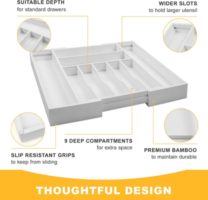 Expandable Bamboo Kitchen Drawer Organizer for Cutlery and Utensils, Adjustable Bamboo Wood Cutlery Tray in Drawer for Flatware and Silverware in Kitchen, (Natural)