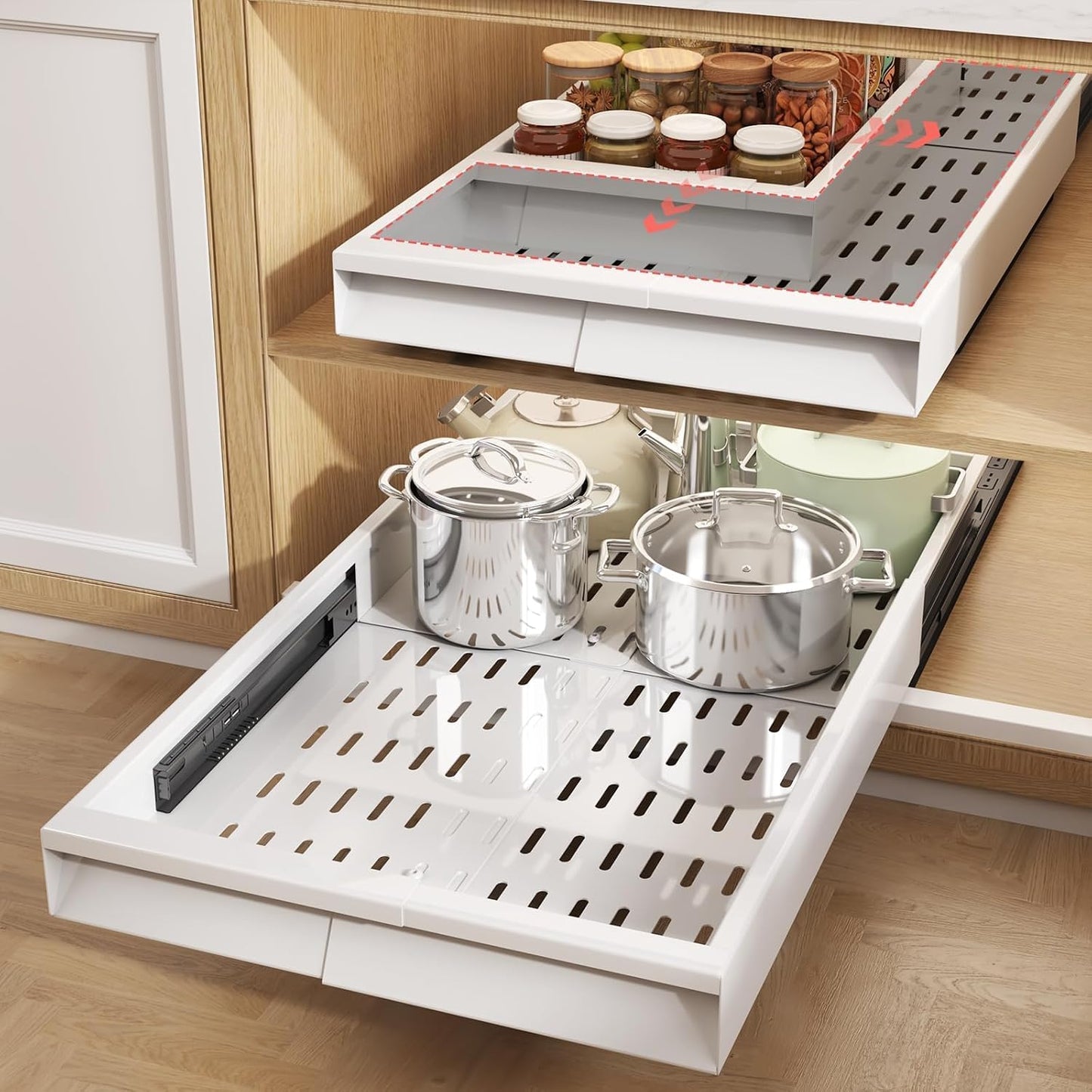 Seinloes Pull Out Cabinet Organizer, 4-Side Expandable to Fit Most Cabinets, 3 Rail Slide Out Drawers with Raising Pad for Framed & Frameless Cabinets, 13"-21" W x 17"-24" D, White, 2 Pack