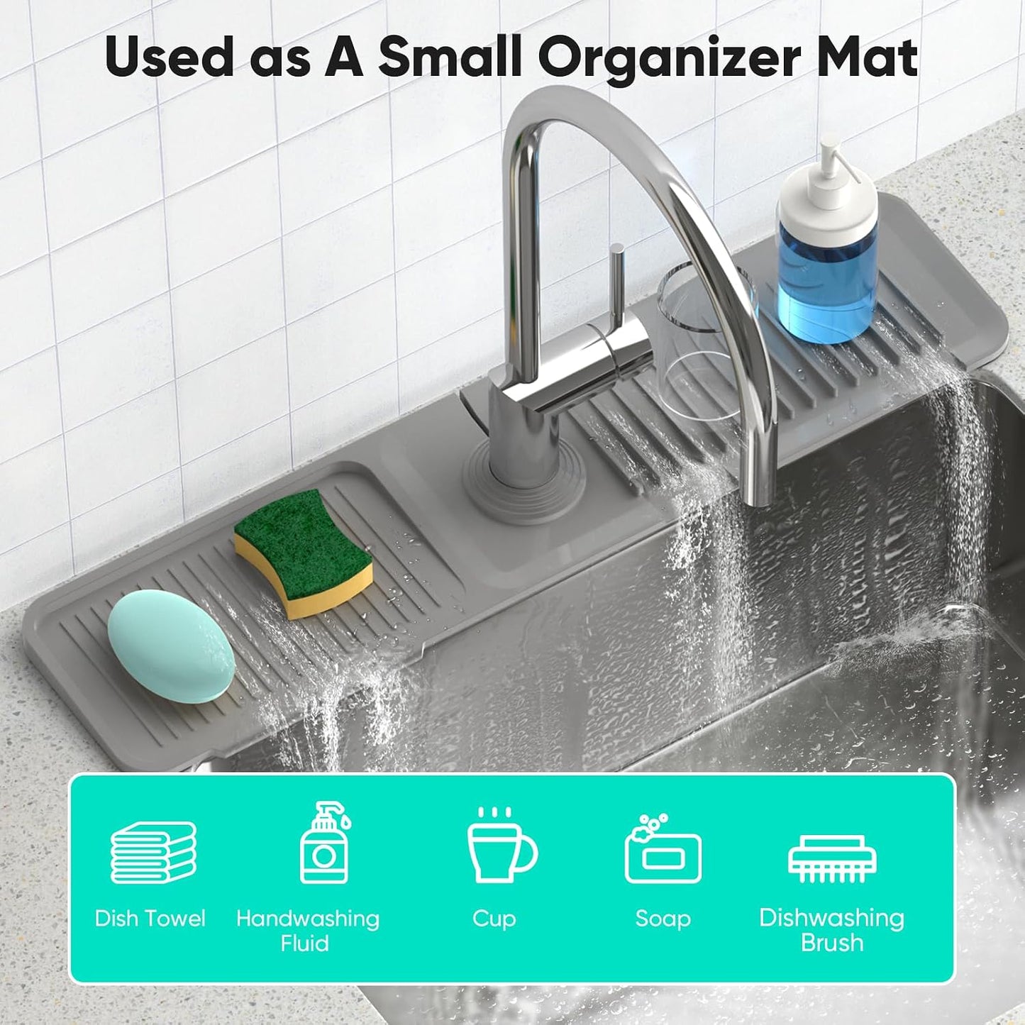 24 Inch Longer Faucet Mat for Kitchen Sink [5° Slope Fast Self-draining]Bathroom Kitchen Sink Splash Guard Silicone Sinks Faucet Mat Splash Guard for Kitchens Sinks Area Tidy Splashs Draining Mats