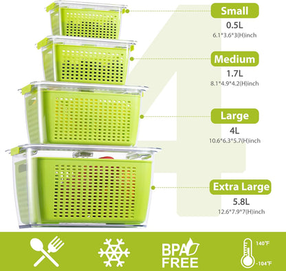 LUXEAR 4 Pack Fruit Vegetable Containers for Fridge, Produce Saver Container with Lids &Removable Colander BPA-free Refrigerator Storage Organizer for Fruit Vegetable, Berry, Meat keep Fresh Longer | BPA Free with Removable Colanders Leak-proof Fridge