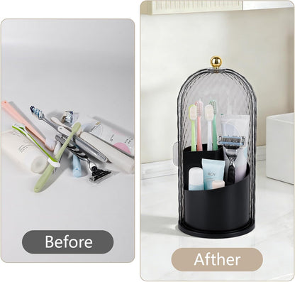 Toothbrush Holder with Cover for Bathroom Countertop, Organizer, White | Rotating 3 Slot Holder for Electric Toothbrushes, Toothpaste, Self Draining Vanity Organizer, Makeup Brush Storage