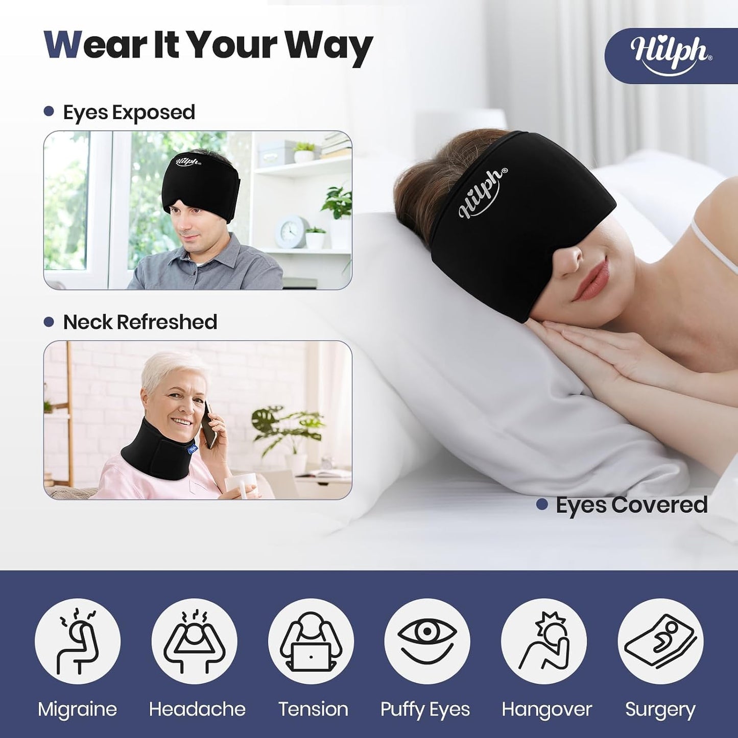 Hilph Adjustable Migraine Relief Cap, Headache Hat with Thickened Gel | Reusable, Flexible Gel, 360° Cold Compression Therapy Wrap for Tension, Stress, Sinus & Hangover Relief, Gift for Women Men
